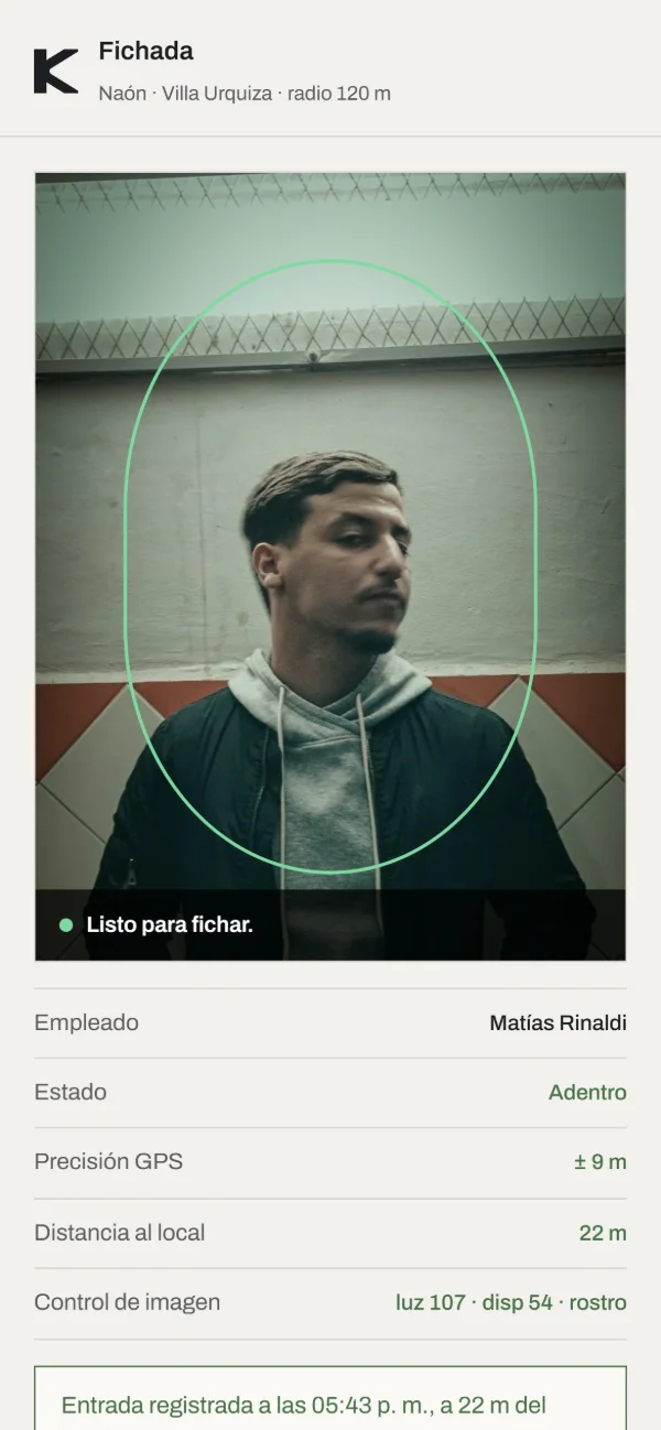 Fichada registrada: entrada a las 17:06, a 22 metros del local.